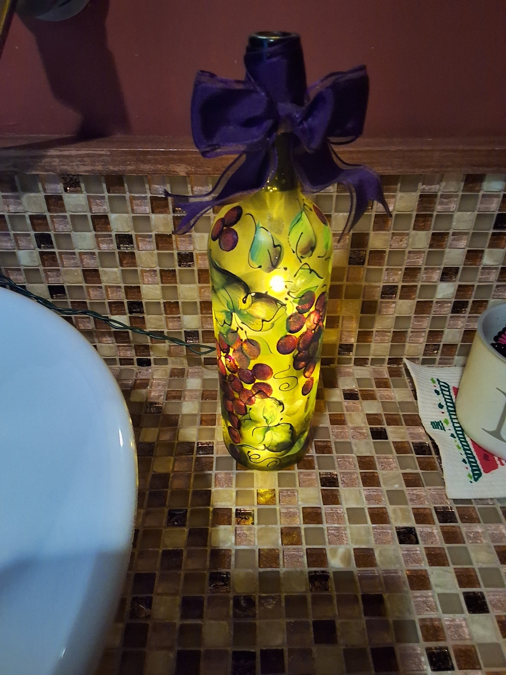 Hand-Painted Wine Bottle Lamp with Purple Bow - Grapevine Design